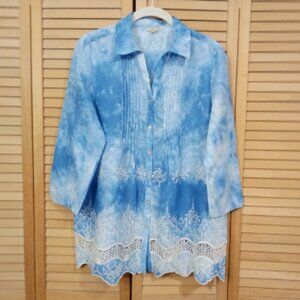 Reba Blue Tie Dyed Button Front Peasant Top M